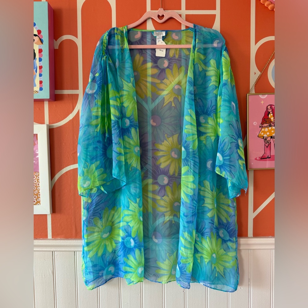 1990s La Senza Floral Sheer Kimono in Blue and Green
